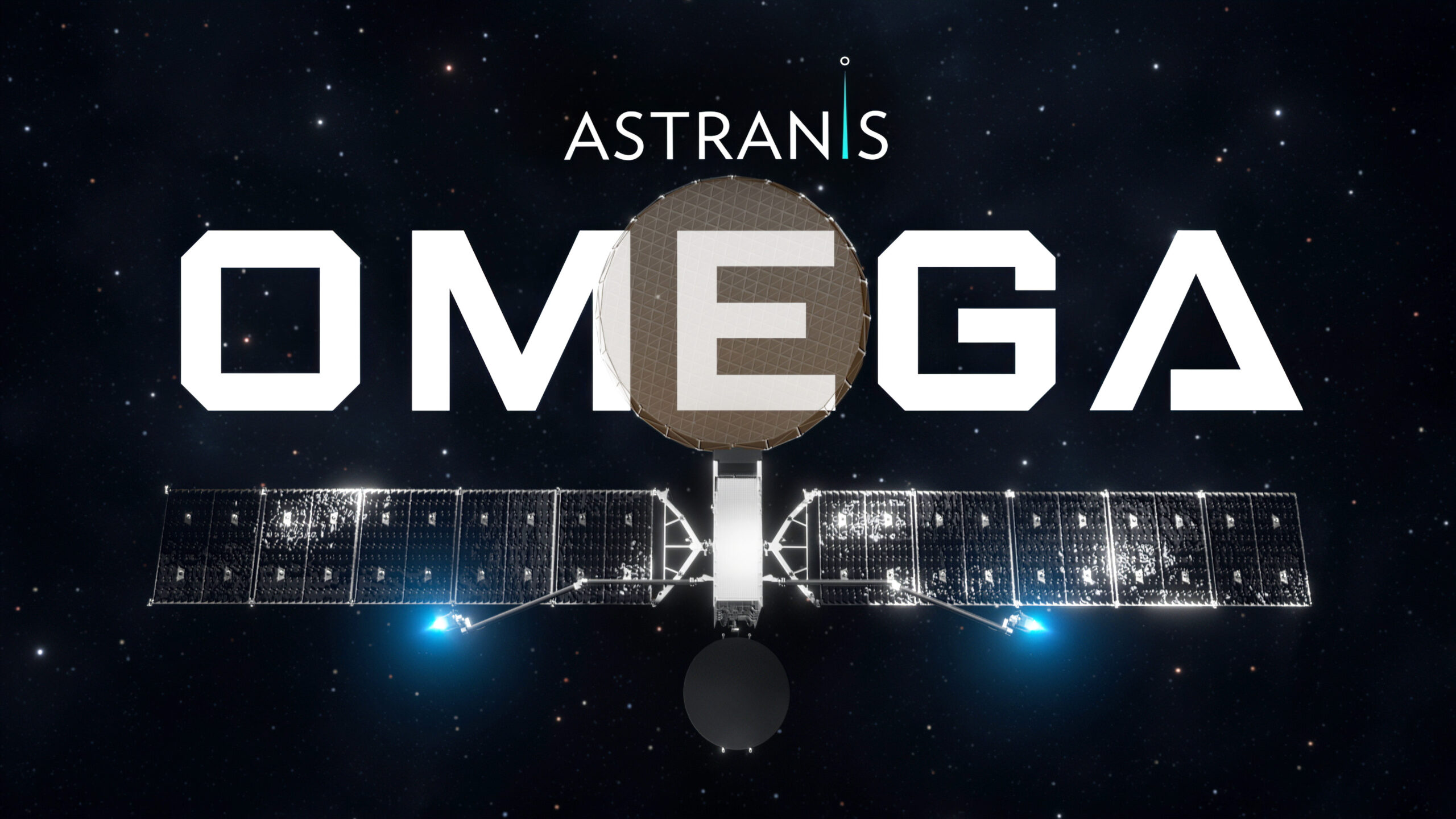 Astranis logo over Omega satellite rendering