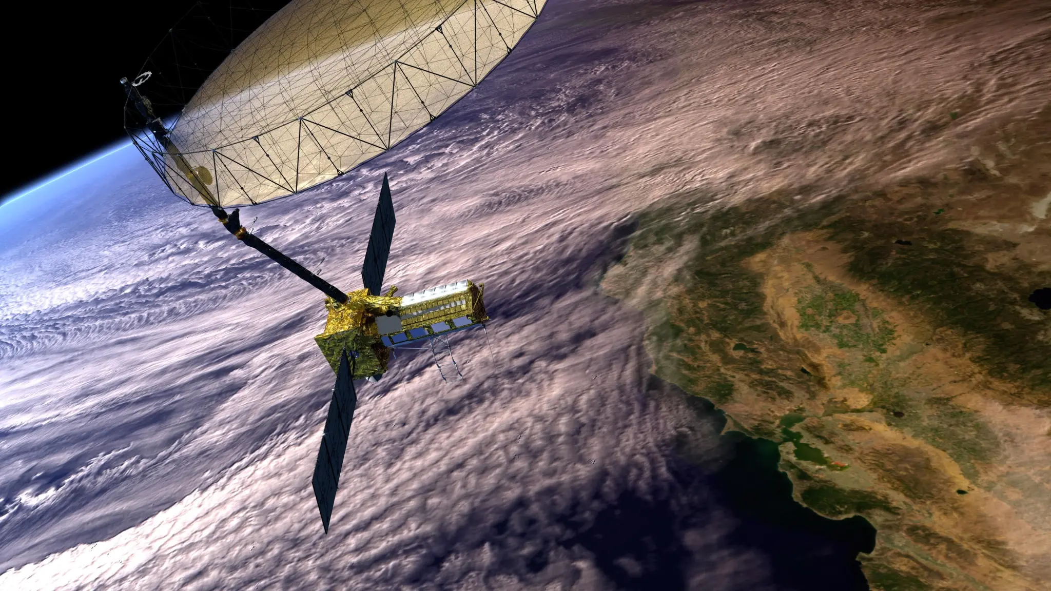 This artist’s concept depicts the NISAR satellite in orbit over central and Northern California. Short for NASA-ISRO Synthetic Aperture Radar, NISAR is a joint mission of NASA and ISRO