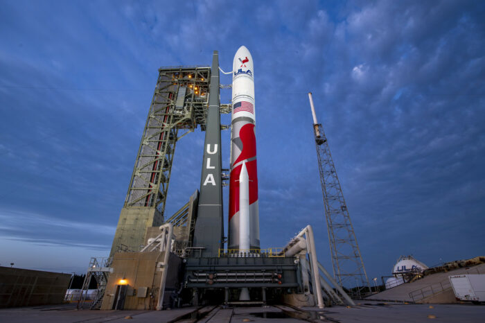 The United Launch Alliance (ULA) Vulcan rocket sits on the pad at Space Launch Complex 41 (SLC-41) at Cape Canaveral at sunset. Photo Credit: United Launch Alliance