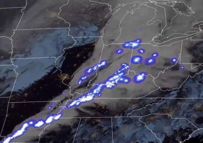 GOES-16 imagery of a derecho over the Midwest on Dec. 10, 2021, showing lightning activity within the storm.